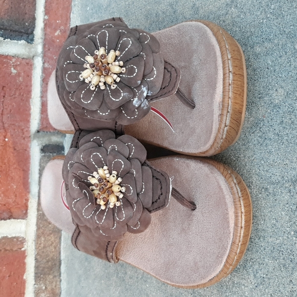 Klogs Size 8 Floral Beaded Brown Leather Faux Wooden Wedge Thong Clog Sandals - Picture 7 of 17